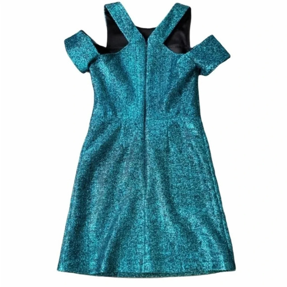 TopShop Teal Metallic Tinsel Cold Shoulder Mini Dress 2 Shiny Formal Short - Picture 4 of 7